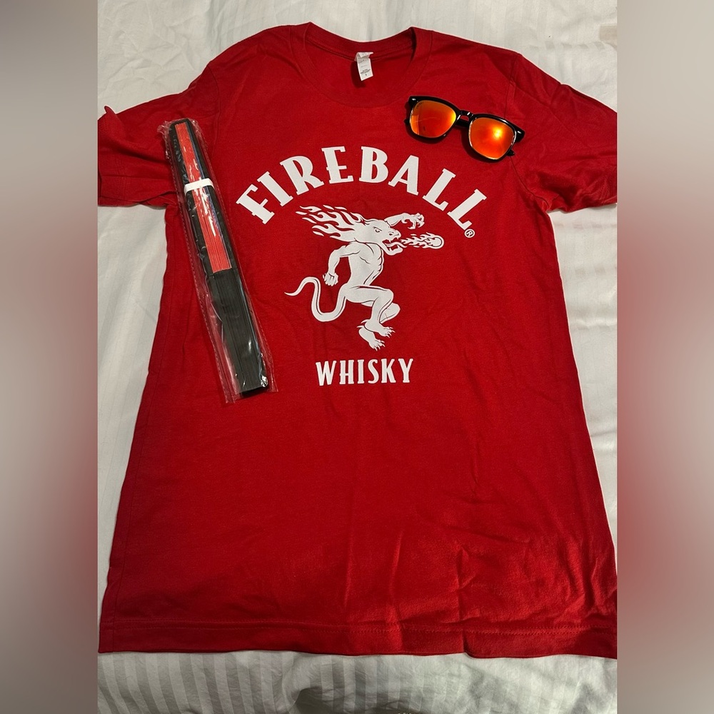 Fireball Red T-Shirt with matching sunglasses and Stoli Clacker Fan